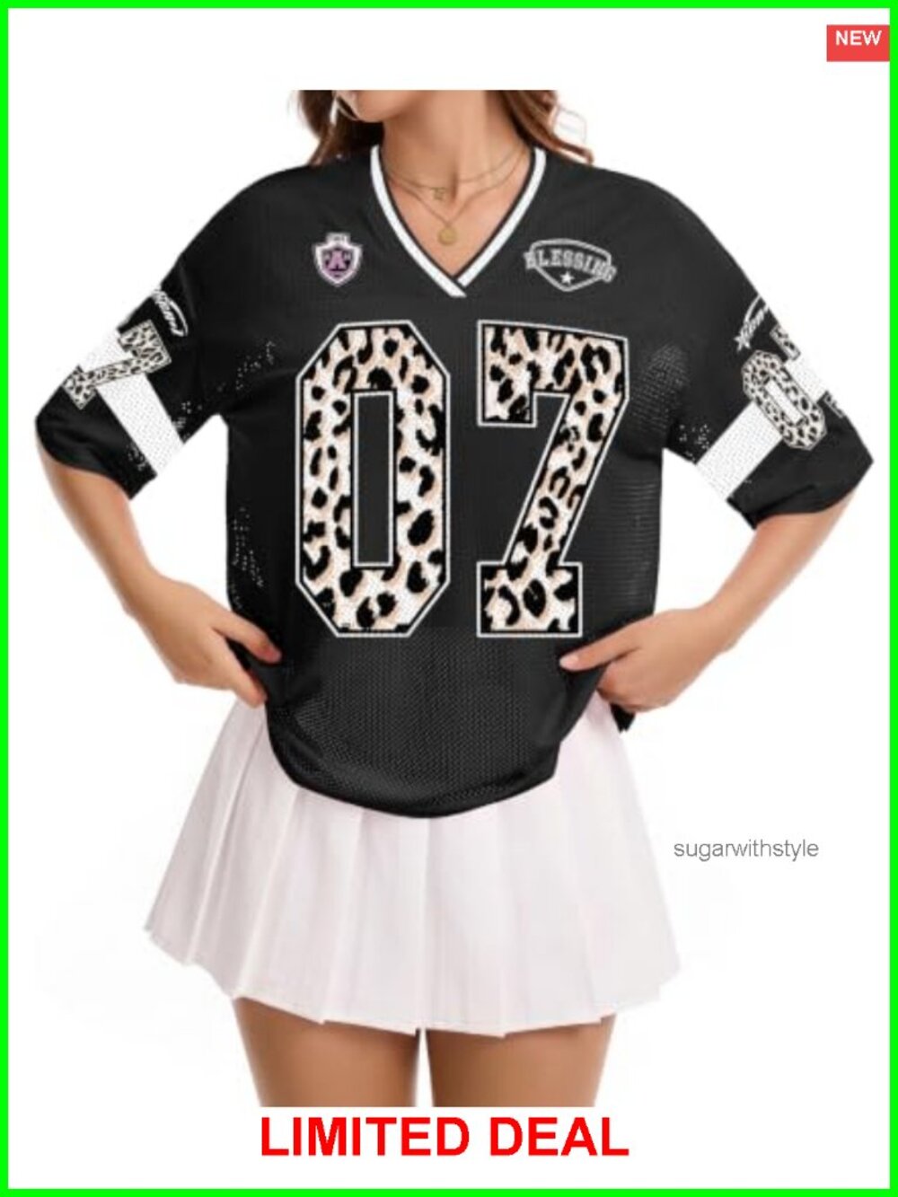 Women's Oversized Y2K Mesh Jersey Graphic Tee V-Neck Streetwear Top